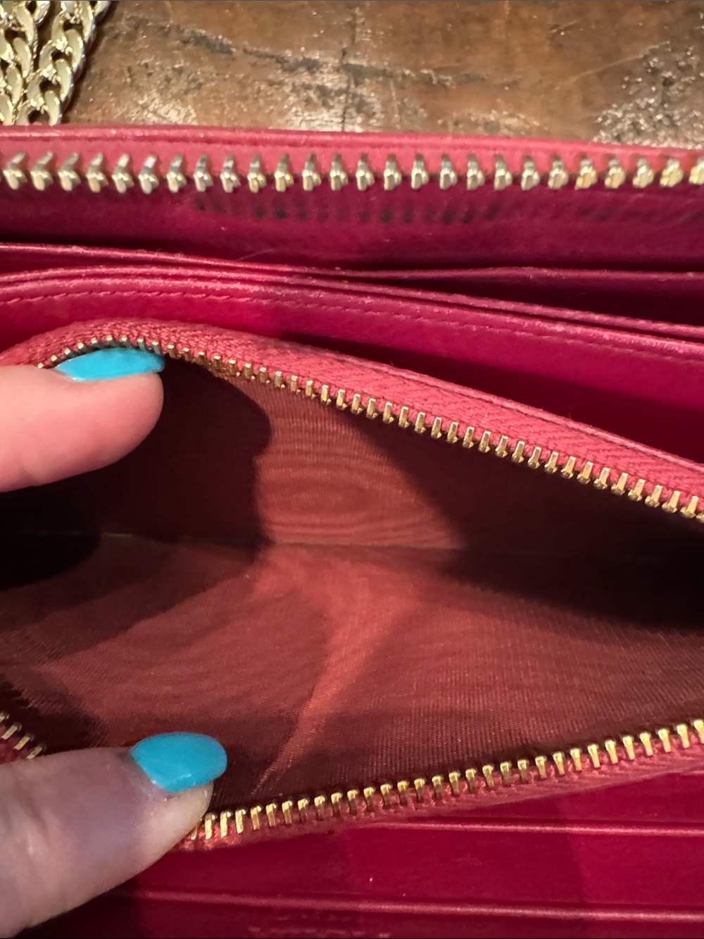 Prada Hot Pink Saffiano Zip Wallet with Gold Chain Strap - Picture 13 of 16